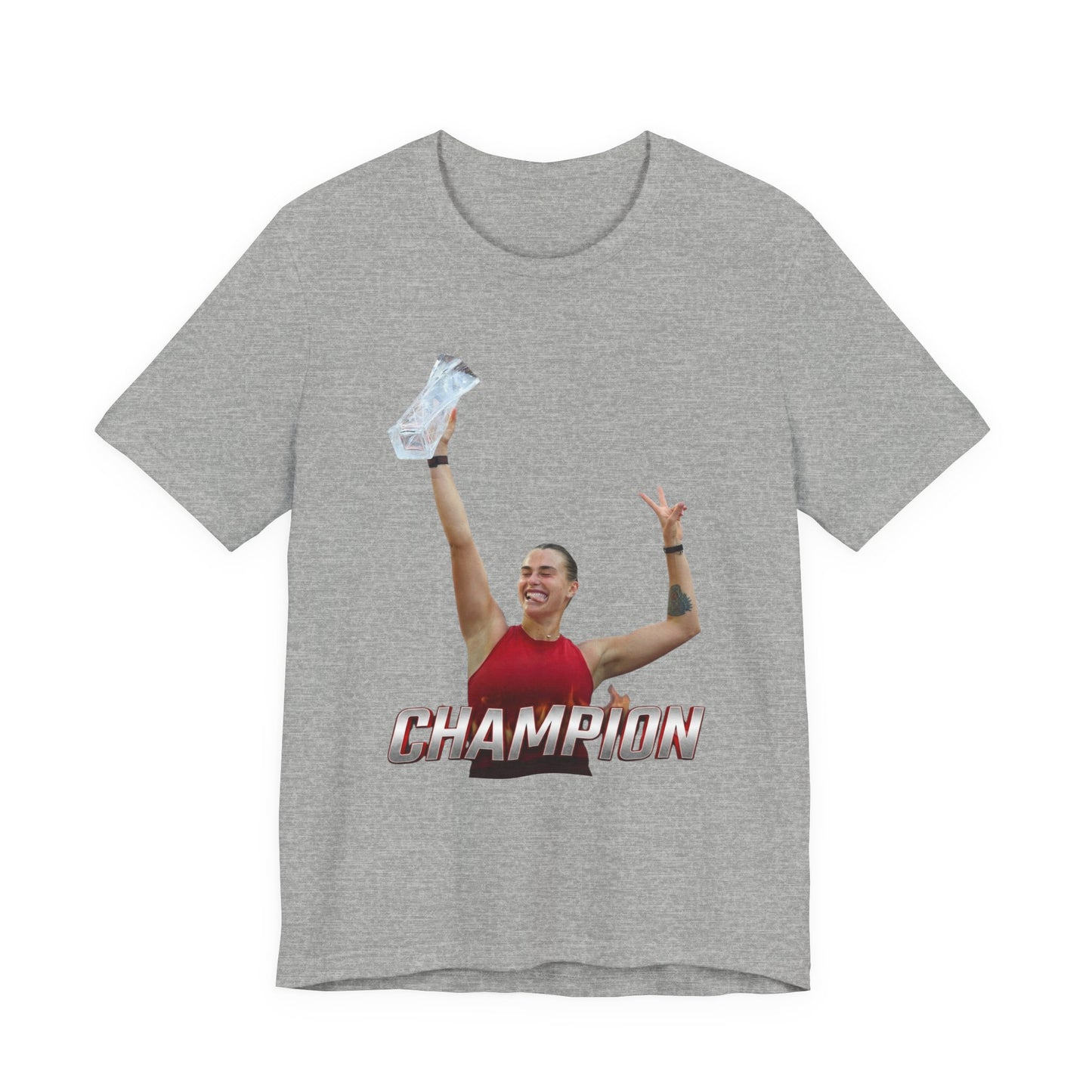 Aryna Sabalenka Champion Victory T-Shirt — Athlete Holding Trophy Tee