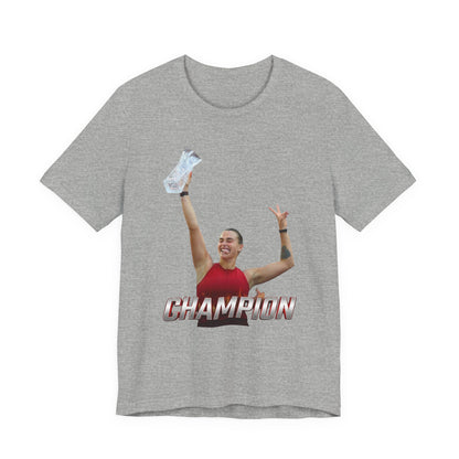 Aryna Sabalenka Champion Victory T-Shirt — Athlete Holding Trophy Tee