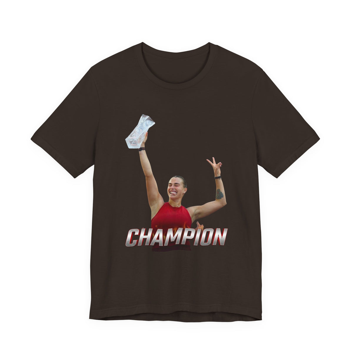 Aryna Sabalenka Champion Victory T-Shirt — Athlete Holding Trophy Tee