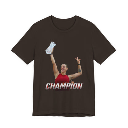 Aryna Sabalenka Champion Victory T-Shirt — Athlete Holding Trophy Tee