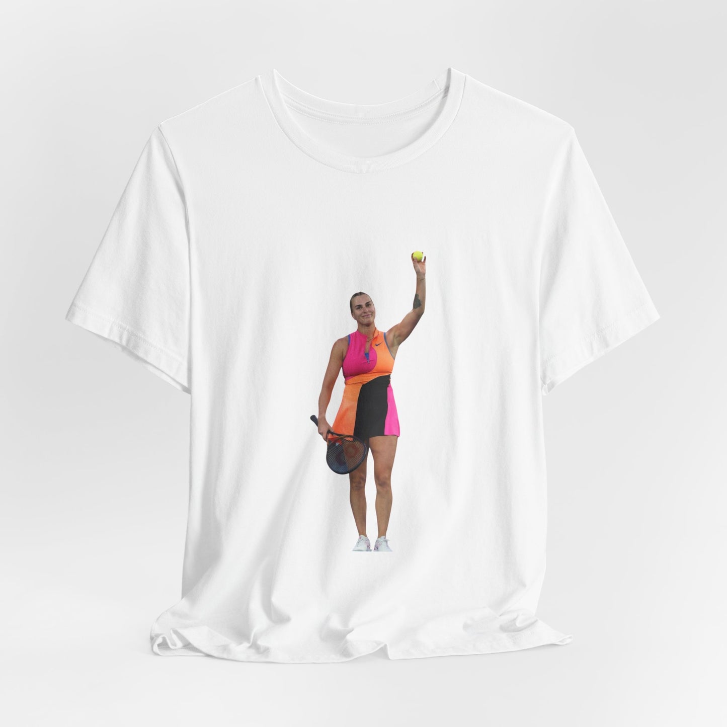 Tennis Player Aryna Sabalenka Graphic Tee — Woman Serving with Racket and ball