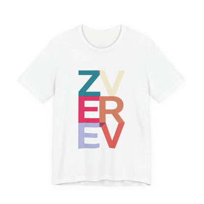 Retro Colorblock 'ZVEREV' Graphic Tee — Modern Minimalist Lettering Shirt