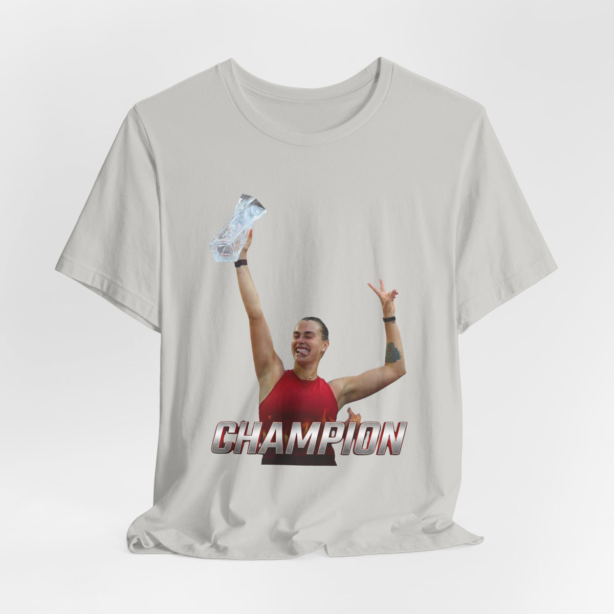Aryna Sabalenka Champion Victory T-Shirt — Athlete Holding Trophy Tee