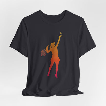 Tennis Serve Silhouette Tee — Gradient Female Tennis Player Graphic T‑Shirt