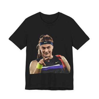 Tennis Player Sabalenka Graphic Tee — Pointing Victory Photo T‑Shirt