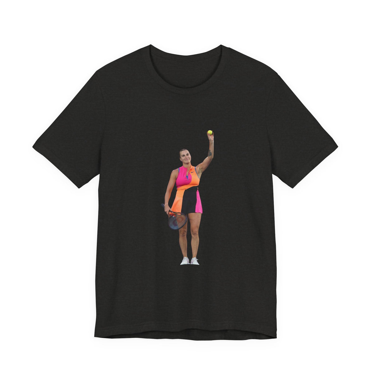 Tennis Player Aryna Sabalenka Graphic Tee — Woman Serving with Racket and ball