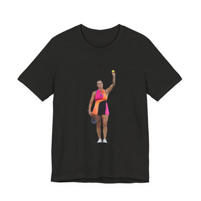 Tennis Player Aryna Sabalenka Graphic Tee — Woman Serving with Racket and ball