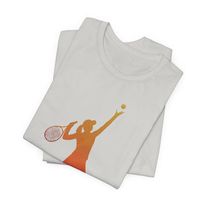 Tennis Serve Silhouette Tee — Gradient Female Tennis Player Graphic T‑Shirt