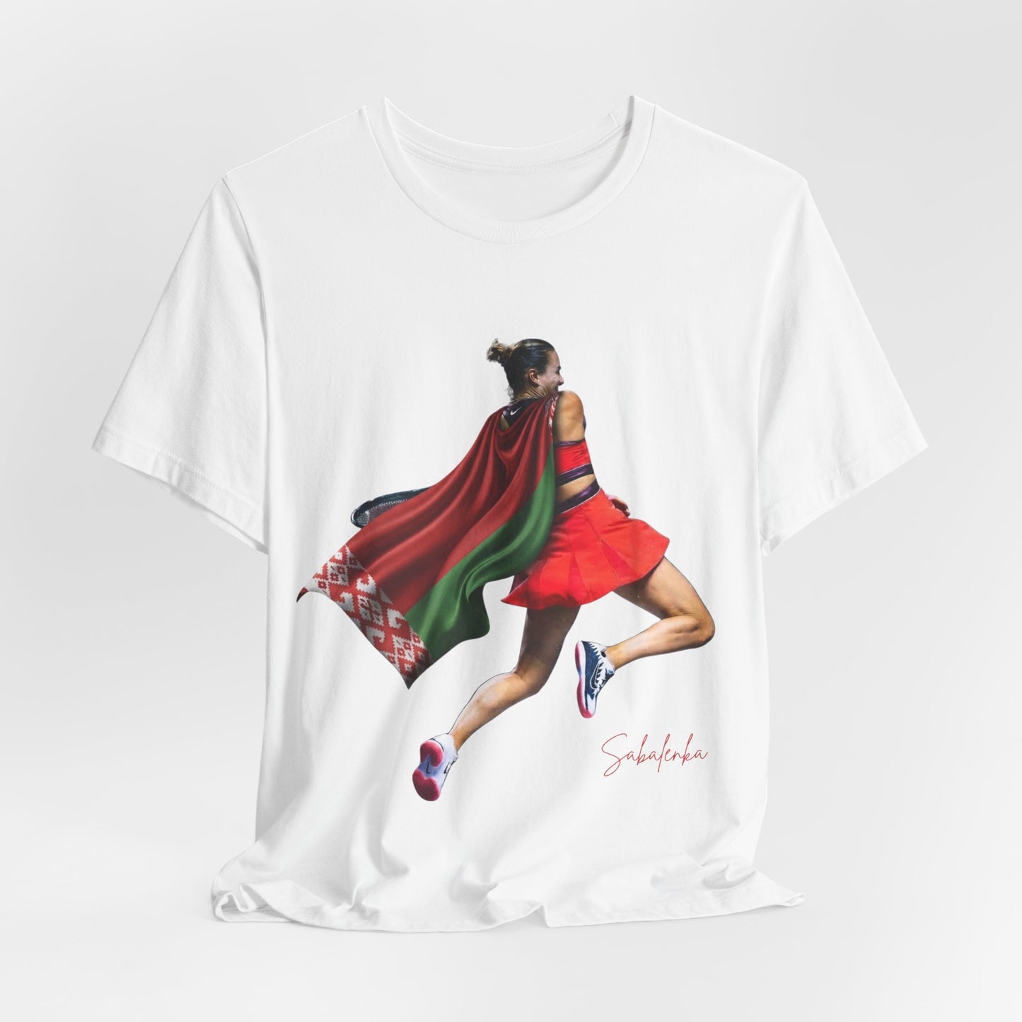 Runner Superhero Sabalenka T‑Shirt — Empowering Female Athlete Tee with Cape Graphic