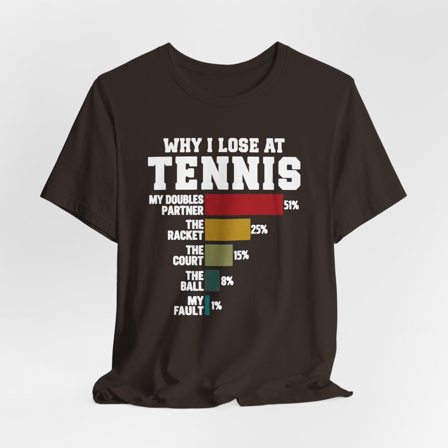 Tennis Humor T‑Shirt — "Why I Lose at Tennis" Bar Chart Tee