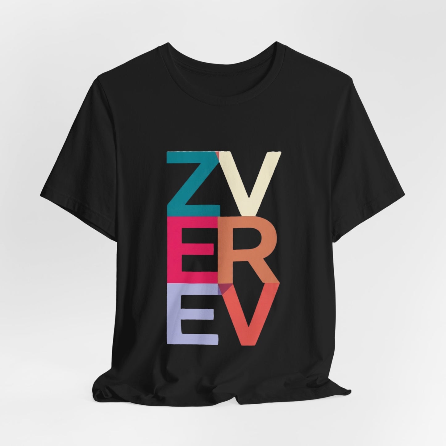 Retro Colorblock 'ZVEREV' Graphic Tee — Modern Minimalist Lettering Shirt