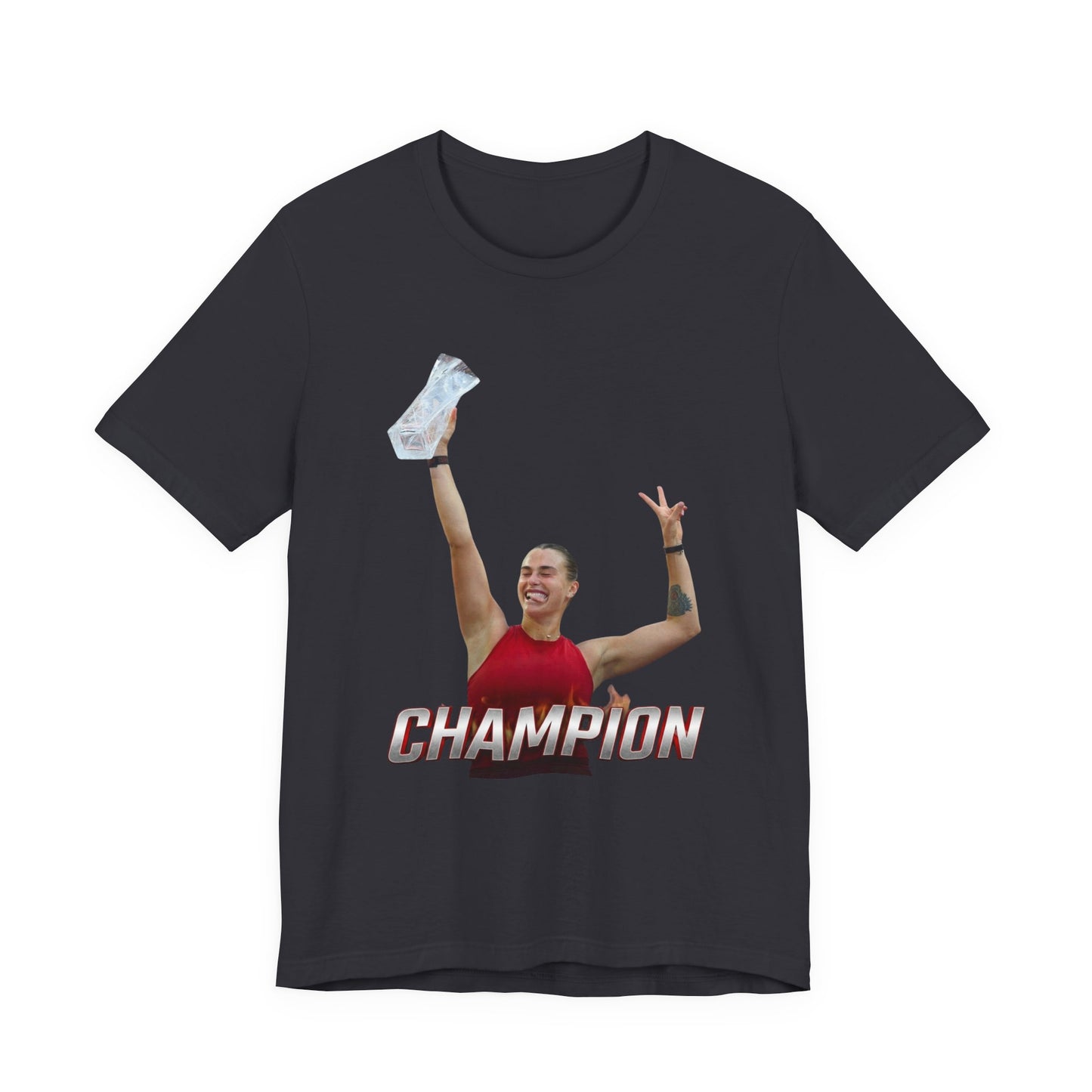 Aryna Sabalenka Champion Victory T-Shirt — Athlete Holding Trophy Tee