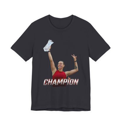 Aryna Sabalenka Champion Victory T-Shirt — Athlete Holding Trophy Tee