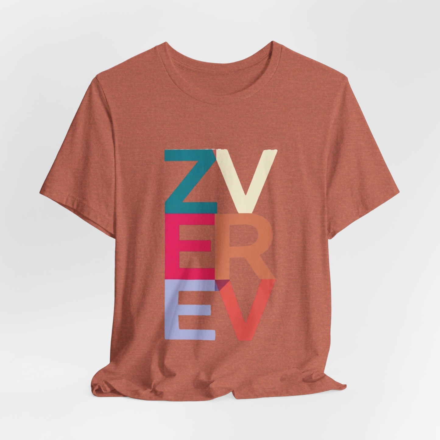 Retro Colorblock 'ZVEREV' Graphic Tee — Modern Minimalist Lettering Shirt