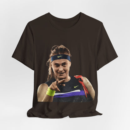 Tennis Player Sabalenka Graphic Tee — Pointing Victory Photo T‑Shirt