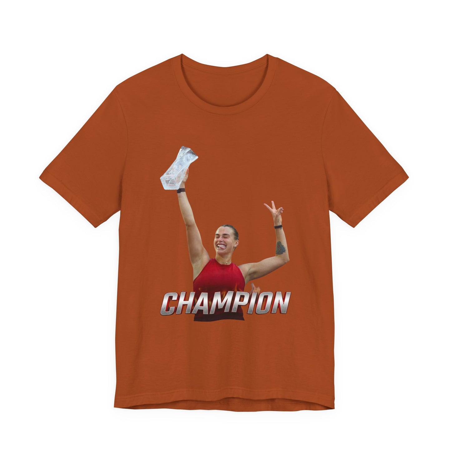 Aryna Sabalenka Champion Victory T-Shirt — Athlete Holding Trophy Tee
