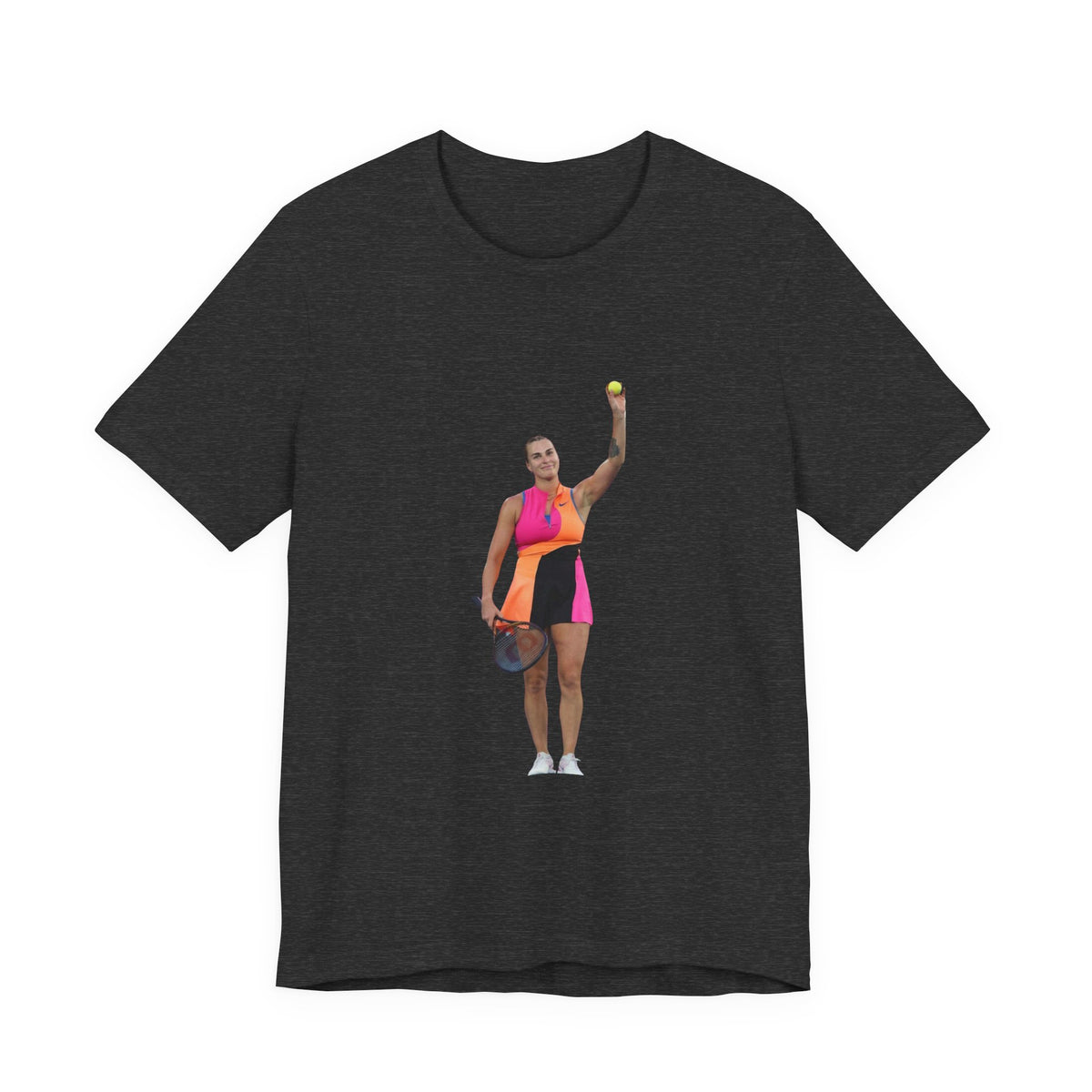 Tennis Player Aryna Sabalenka Graphic Tee — Woman Serving with Racket and ball