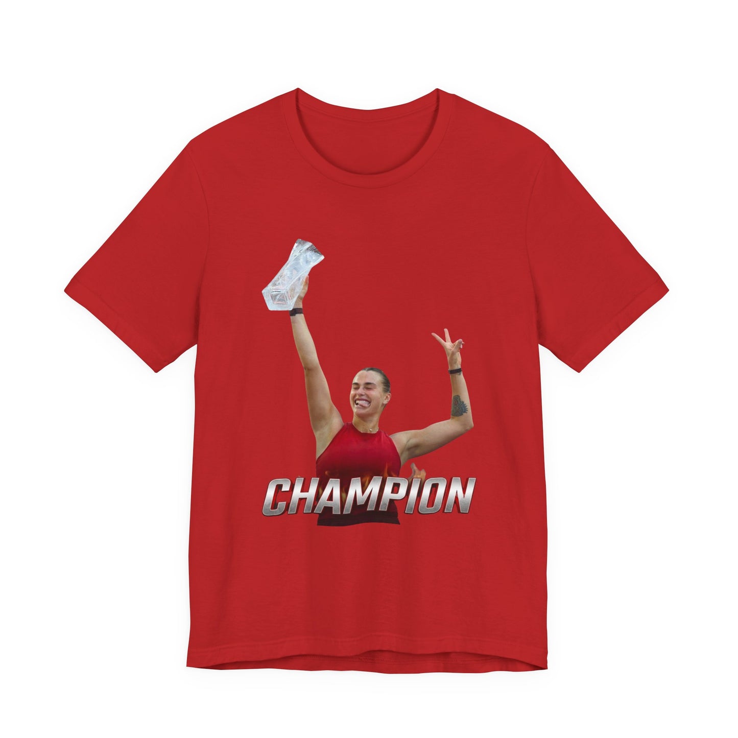 Aryna Sabalenka Champion Victory T-Shirt — Athlete Holding Trophy Tee