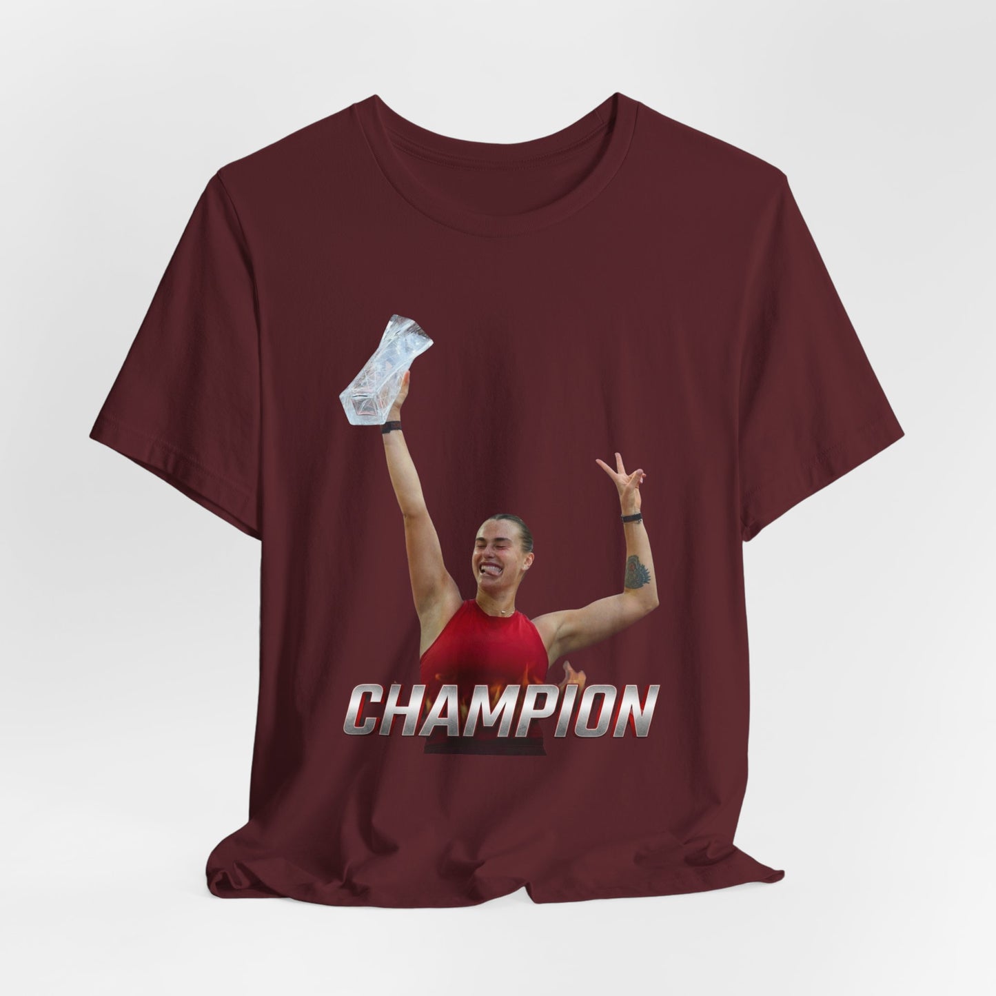 Aryna Sabalenka Champion Victory T-Shirt — Athlete Holding Trophy Tee