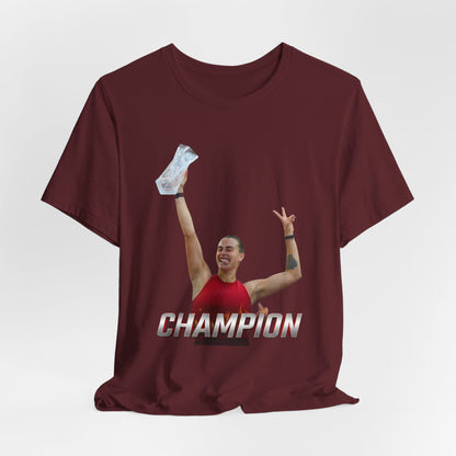 Aryna Sabalenka Champion Victory T-Shirt — Athlete Holding Trophy Tee