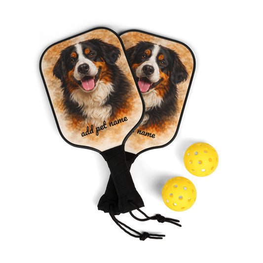 Personalized Dog Pickleball Paddle Set — Custom Pet Name Bernese Design
