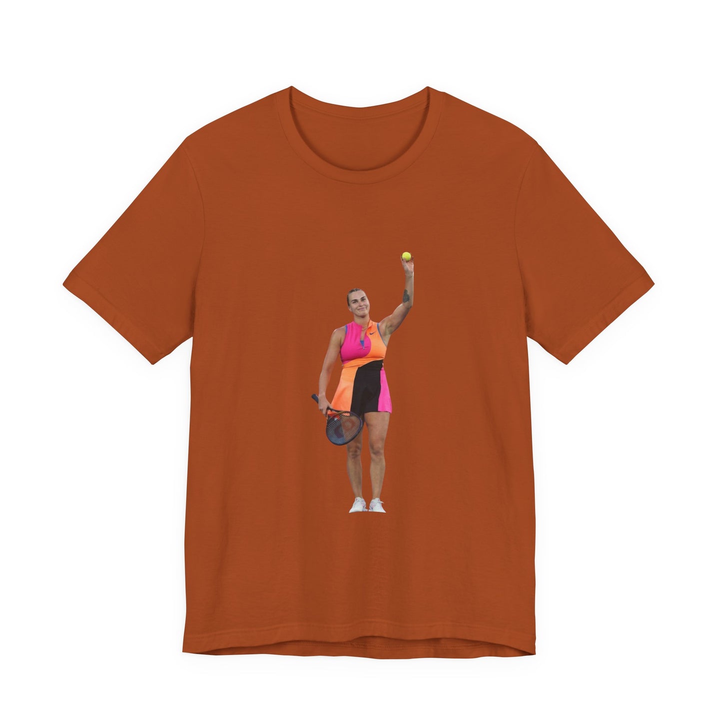 Tennis Player Aryna Sabalenka Graphic Tee — Woman Serving with Racket and ball