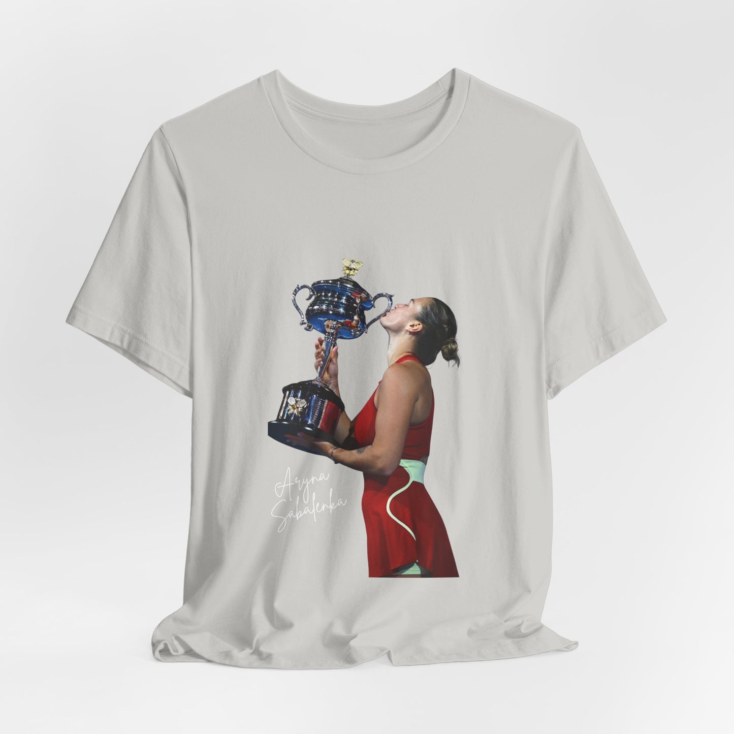 Tennis Champion Sabalenka — Woman Kissing Trophy Graphic T-Shirt