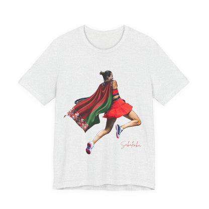 Runner Superhero Sabalenka T‑Shirt — Empowering Female Athlete Tee with Cape Graphic
