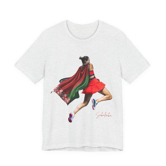 Runner Superhero Sabalenka T‑Shirt — Empowering Female Athlete Tee with Cape Graphic