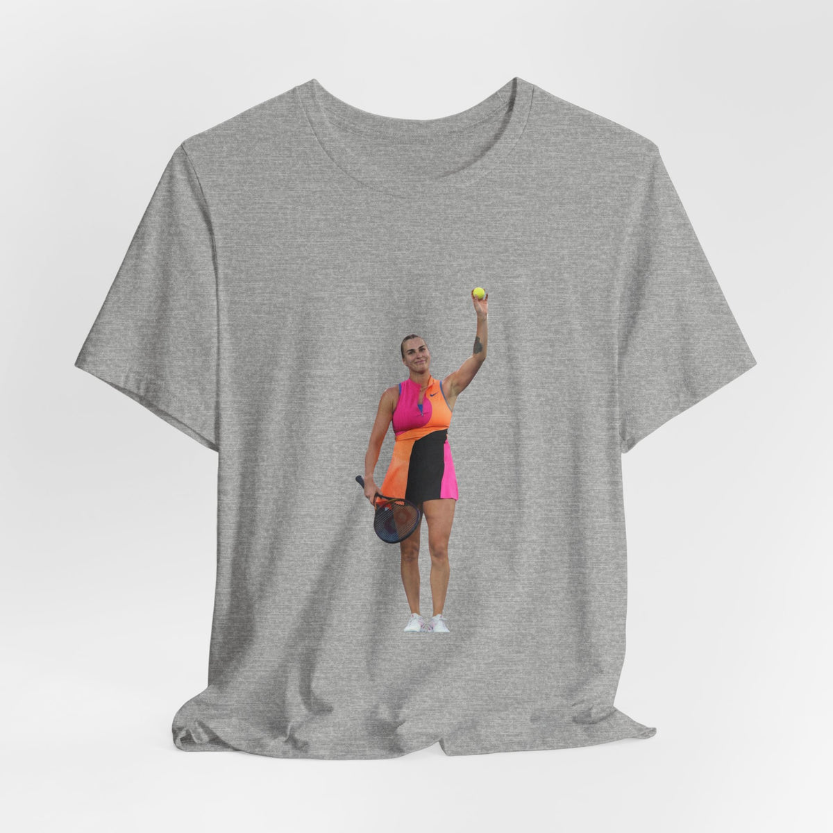 Tennis Player Aryna Sabalenka Graphic Tee — Woman Serving with Racket and ball
