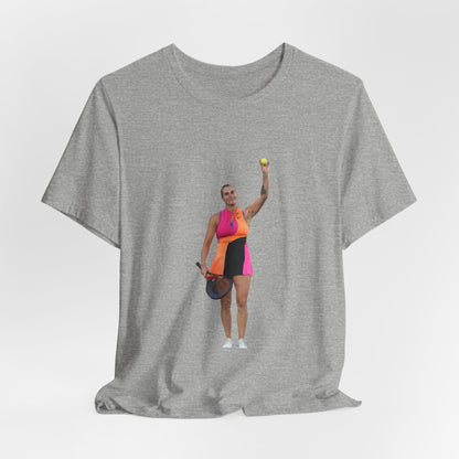 Tennis Player Aryna Sabalenka Graphic Tee — Woman Serving with Racket and ball