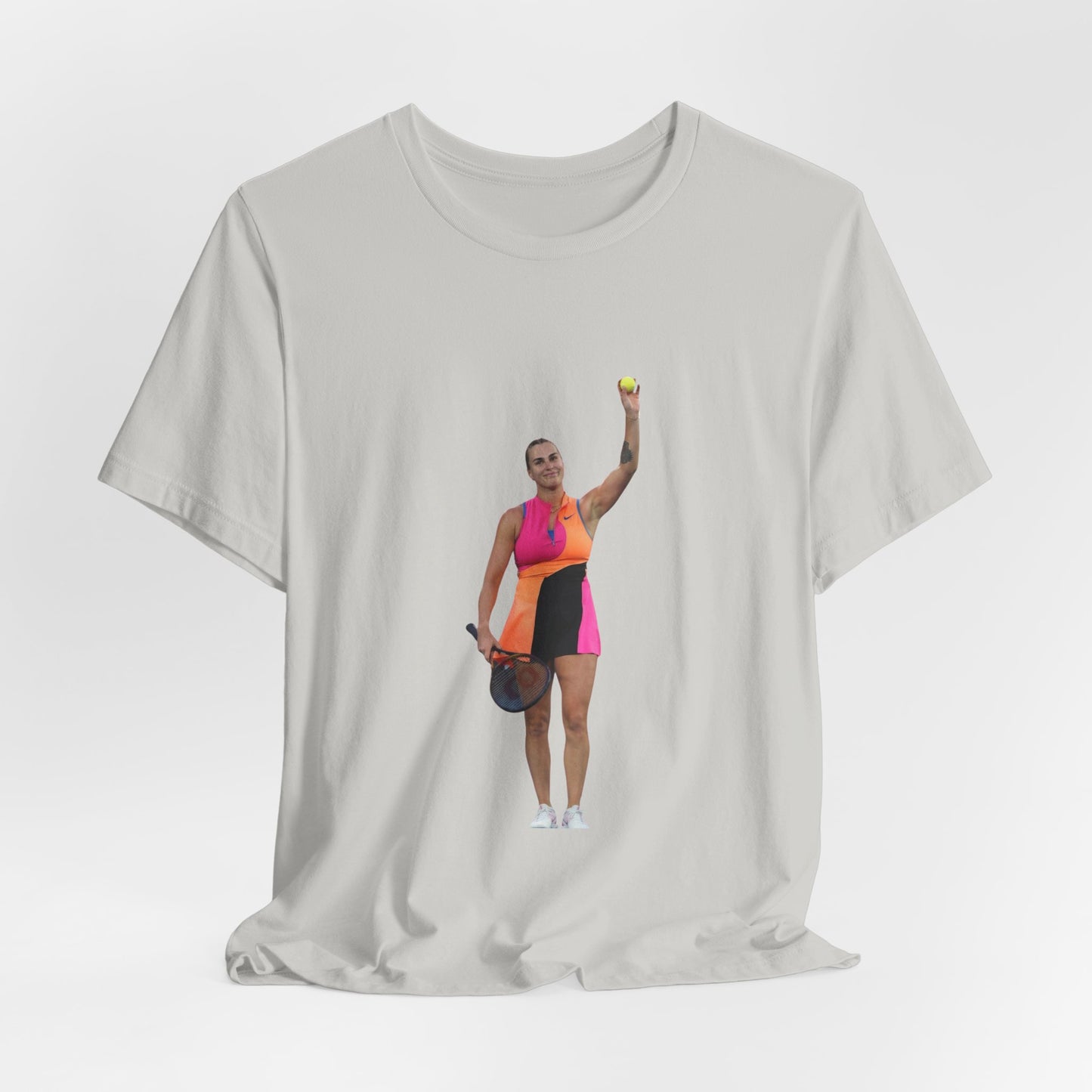 Tennis Player Aryna Sabalenka Graphic Tee — Woman Serving with Racket and ball