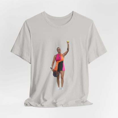 Tennis Player Aryna Sabalenka Graphic Tee — Woman Serving with Racket and ball