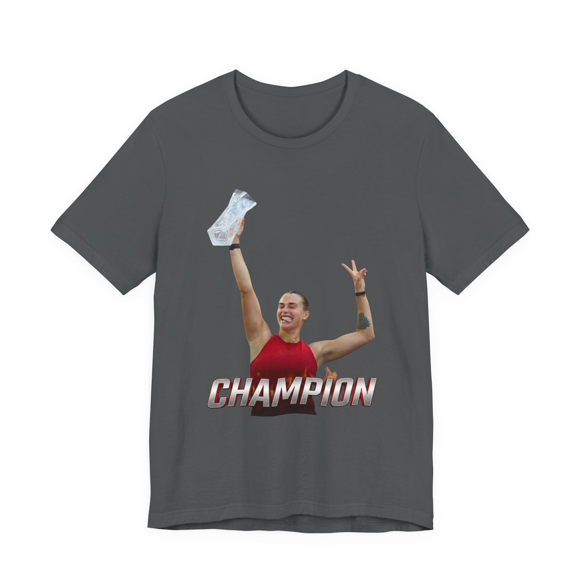 Aryna Sabalenka Champion Victory T-Shirt — Athlete Holding Trophy Tee