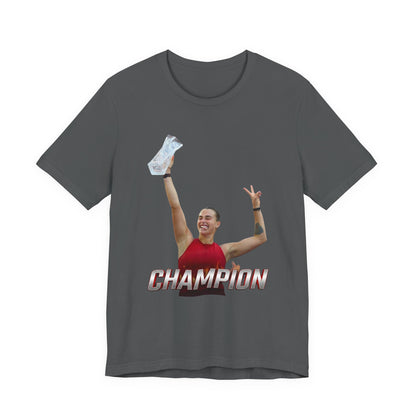 Aryna Sabalenka Champion Victory T-Shirt — Athlete Holding Trophy Tee