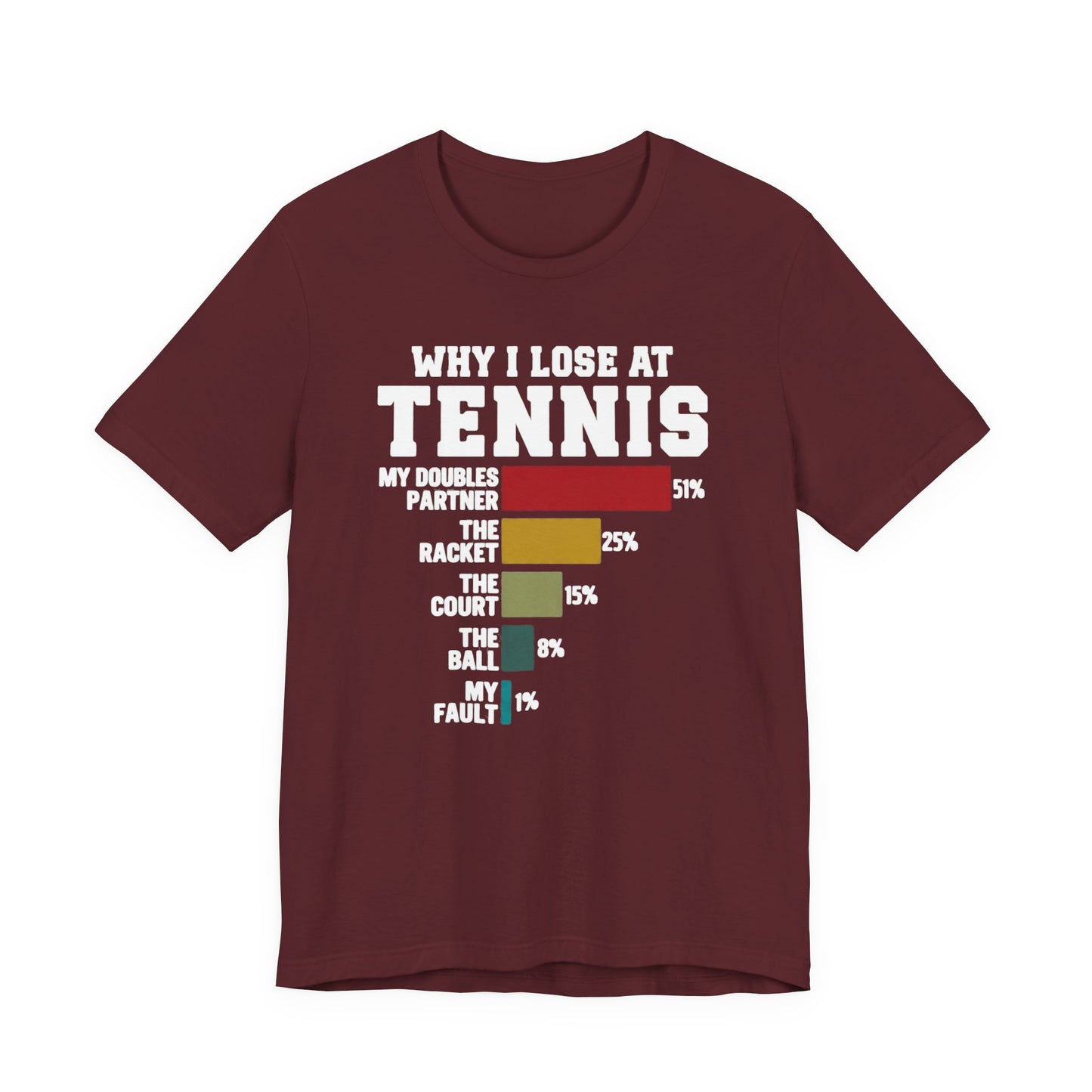 Tennis Humor T‑Shirt — "Why I Lose at Tennis" Bar Chart Tee