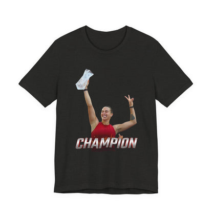 Aryna Sabalenka Champion Victory T-Shirt — Athlete Holding Trophy Tee