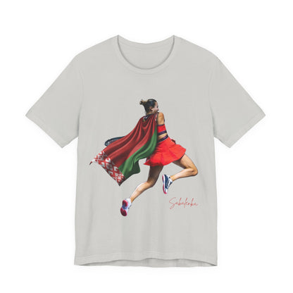 Runner Superhero Sabalenka T‑Shirt — Empowering Female Athlete Tee with Cape Graphic