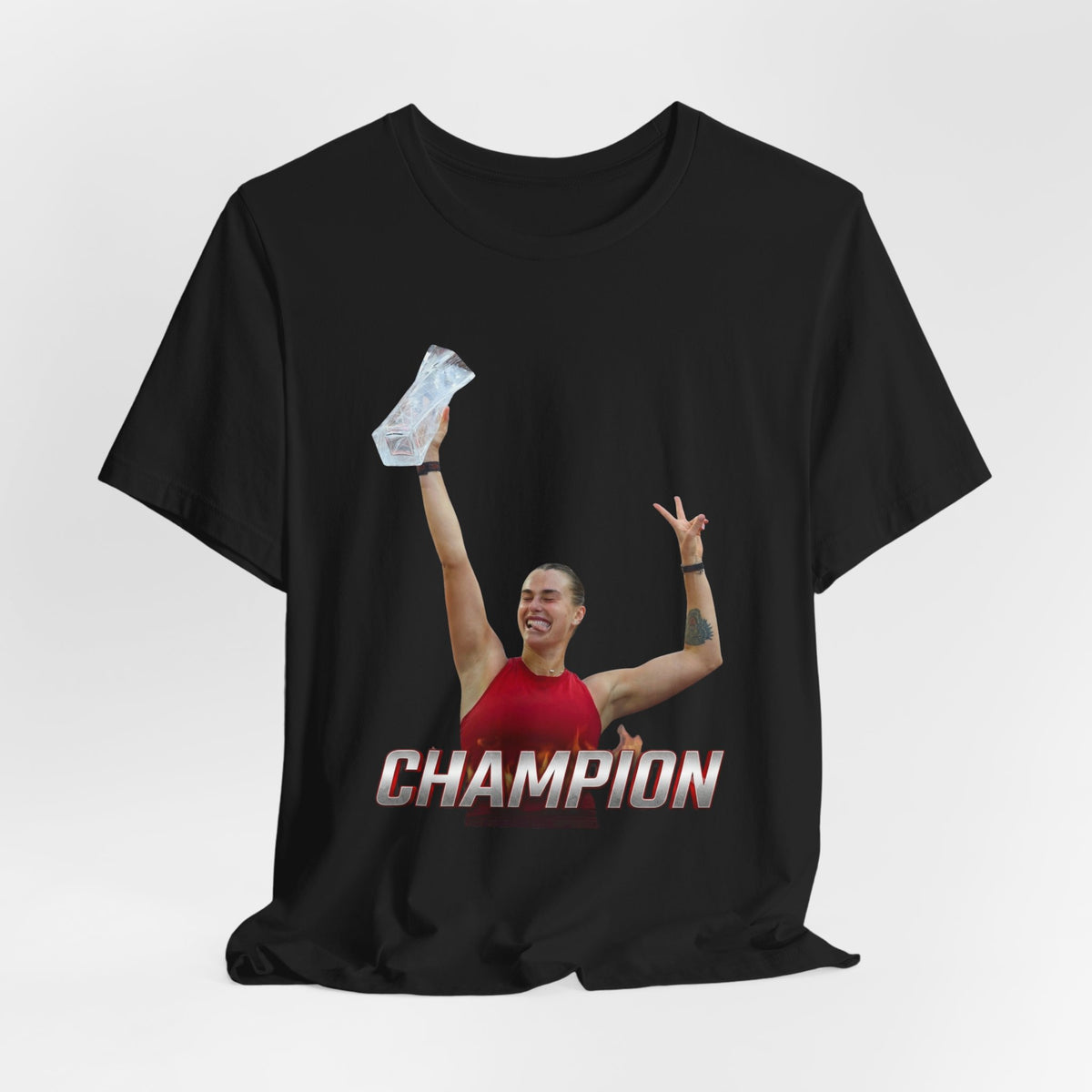 Aryna Sabalenka Champion Victory T-Shirt — Athlete Holding Trophy Tee