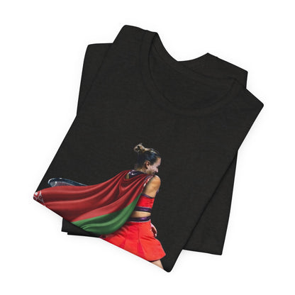 Runner Superhero Sabalenka T‑Shirt — Empowering Female Athlete Tee with Cape Graphic