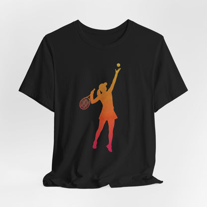 Tennis Serve Silhouette Tee — Gradient Female Tennis Player Graphic T‑Shirt
