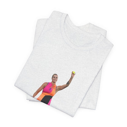 Tennis Player Aryna Sabalenka Graphic Tee — Woman Serving with Racket and ball