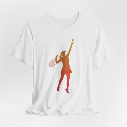 Tennis Serve Silhouette Tee — Gradient Female Tennis Player Graphic T‑Shirt
