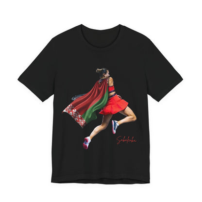 Runner Superhero Sabalenka T‑Shirt — Empowering Female Athlete Tee with Cape Graphic
