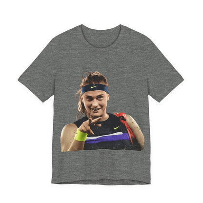 Tennis Player Sabalenka Graphic Tee — Pointing Victory Photo T‑Shirt