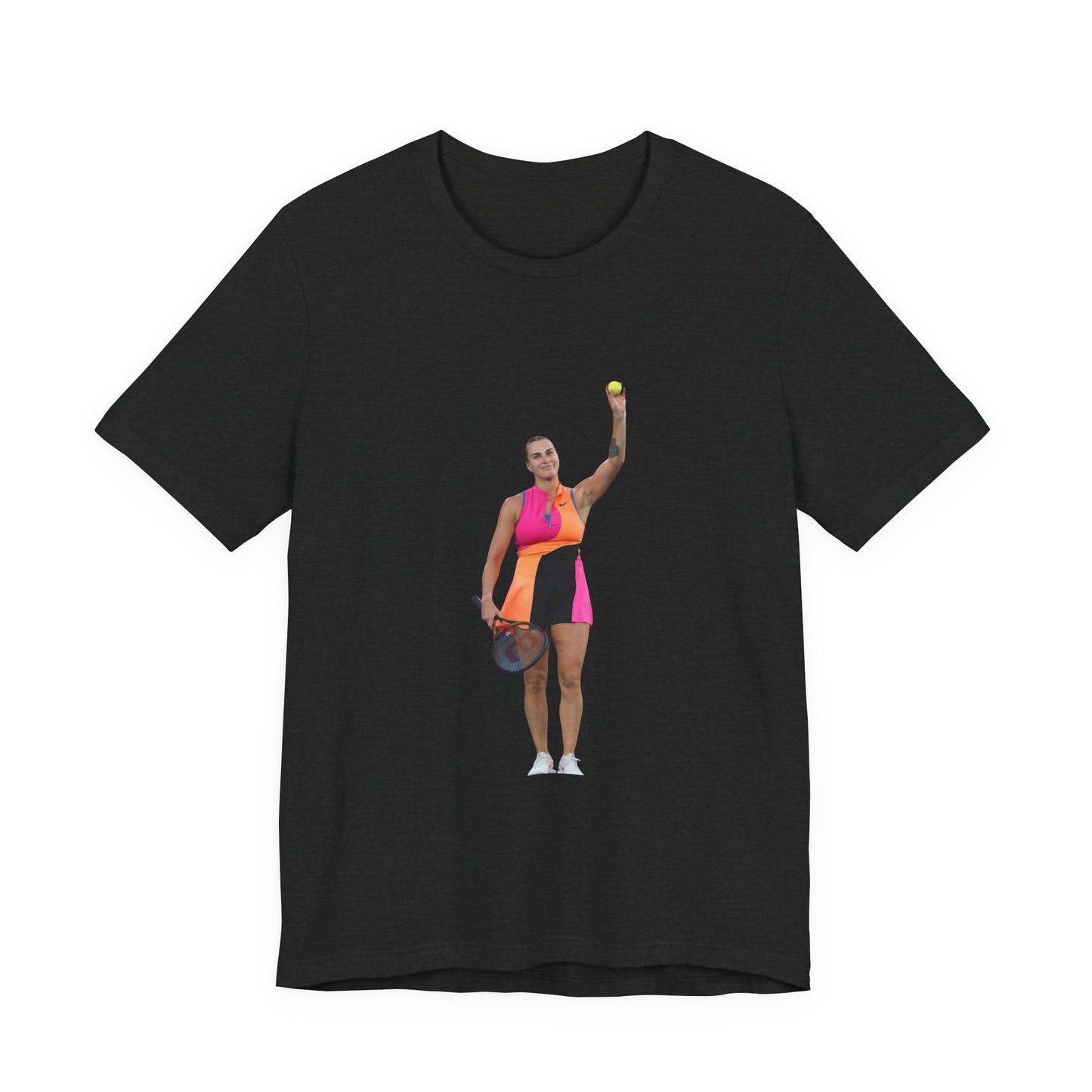 Tennis Player Aryna Sabalenka Graphic Tee — Woman Serving with Racket and ball