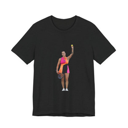 Tennis Player Aryna Sabalenka Graphic Tee — Woman Serving with Racket and ball
