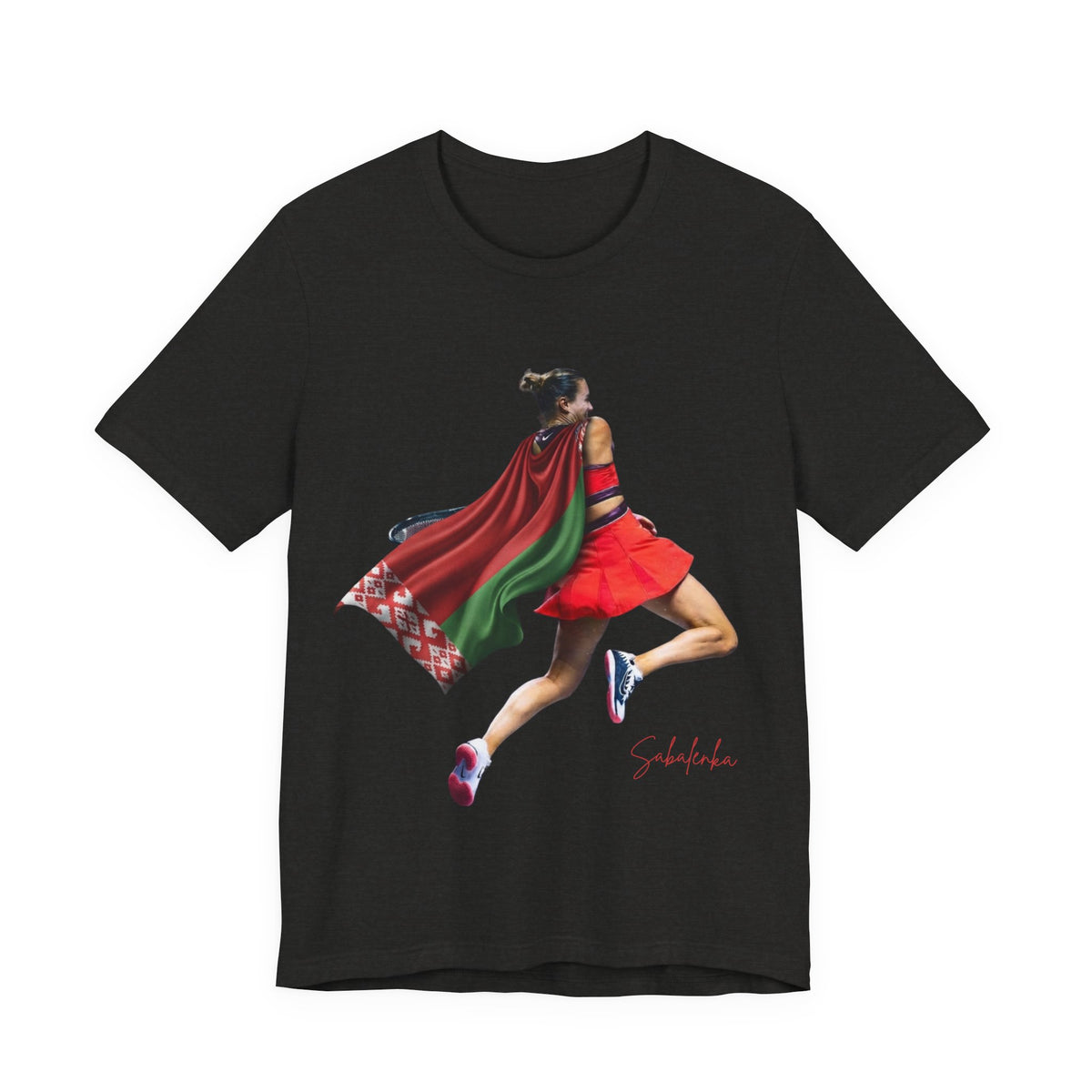 Runner Superhero Sabalenka T‑Shirt — Empowering Female Athlete Tee with Cape Graphic