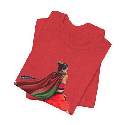 Runner Superhero Sabalenka T‑Shirt — Empowering Female Athlete Tee with Cape Graphic