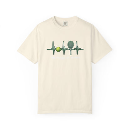 Tennis Heartbeat T‑Shirt — Tennis Ball & Racket ECG Design